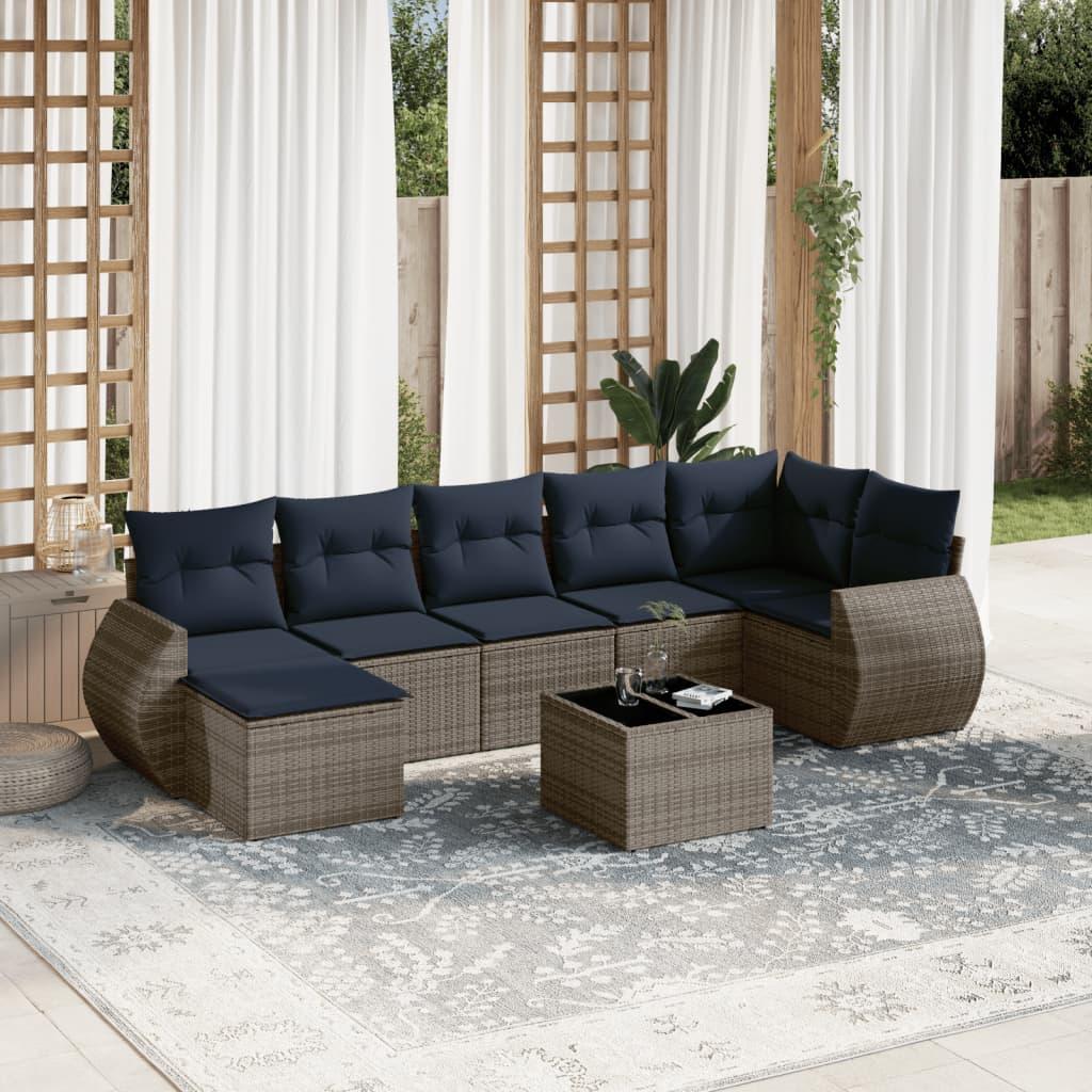 Havesofasæt i grå polyrattan med 8 marineblå hynder - modulært loungesæt med bord i hærdet glas