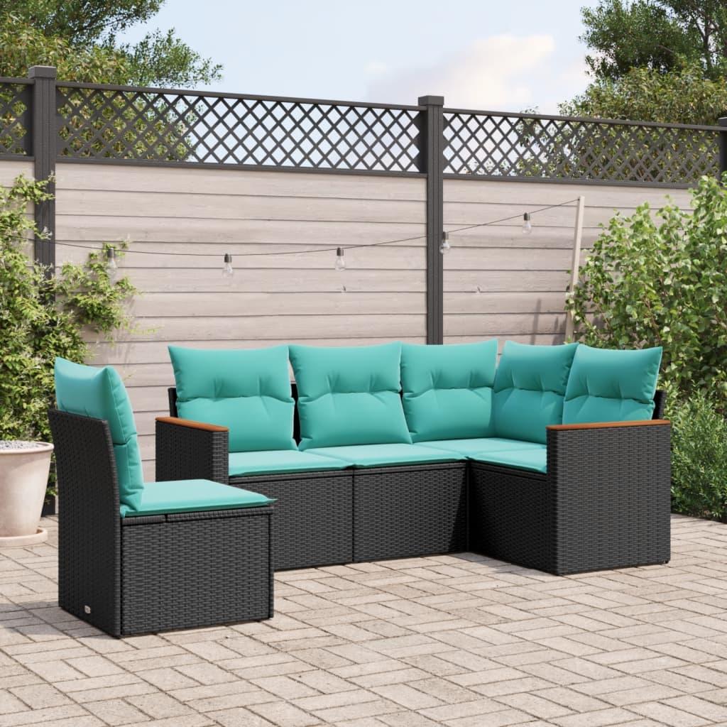 Havesofasæt med 5 dele og hynder sort polyrattan billede