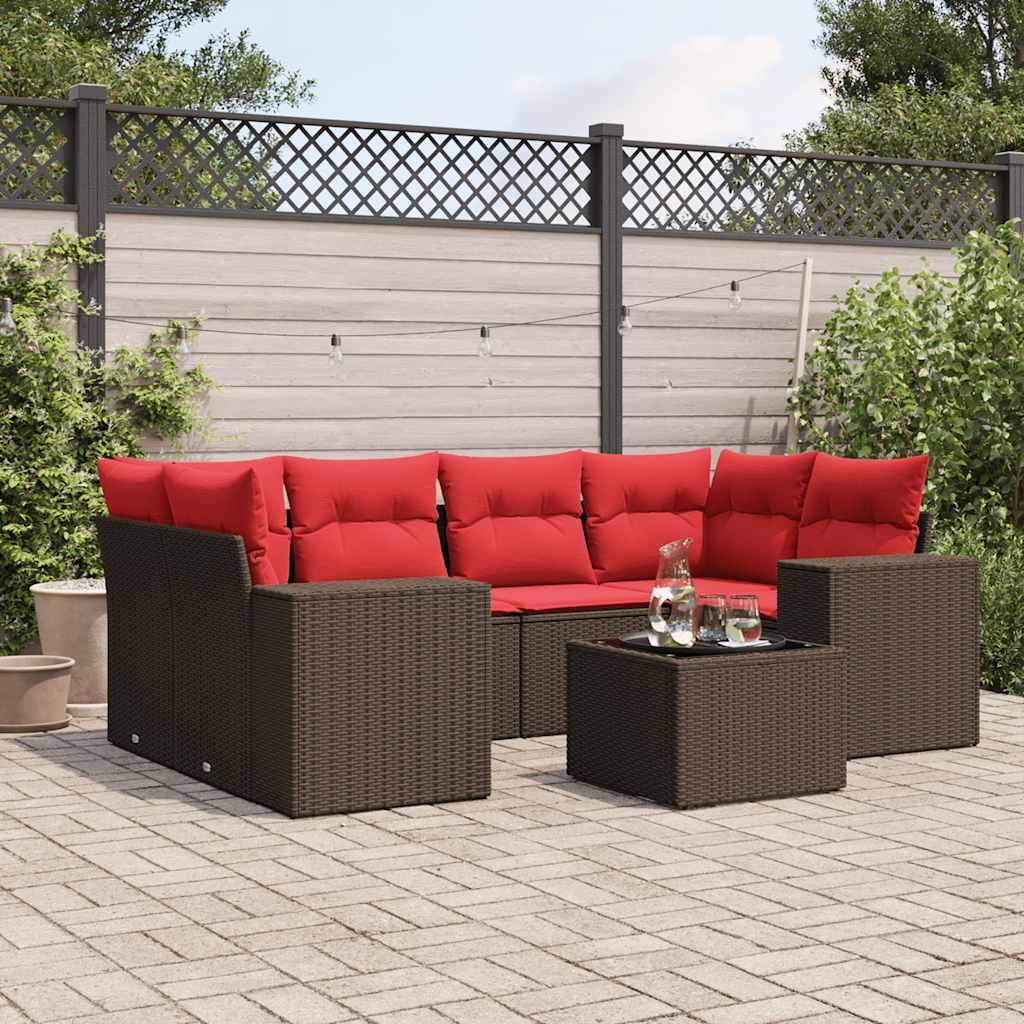 Havesofasæt med 7 hynder brun polyrattan billede