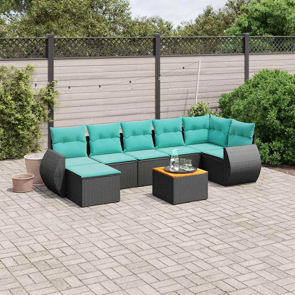 8-delt havesofasæt i sort polyrattan med blå hynder