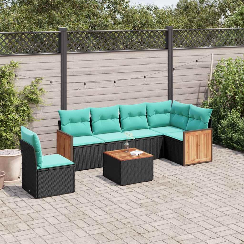 Havesofasæt med 7 hynder sort polyrattan billede