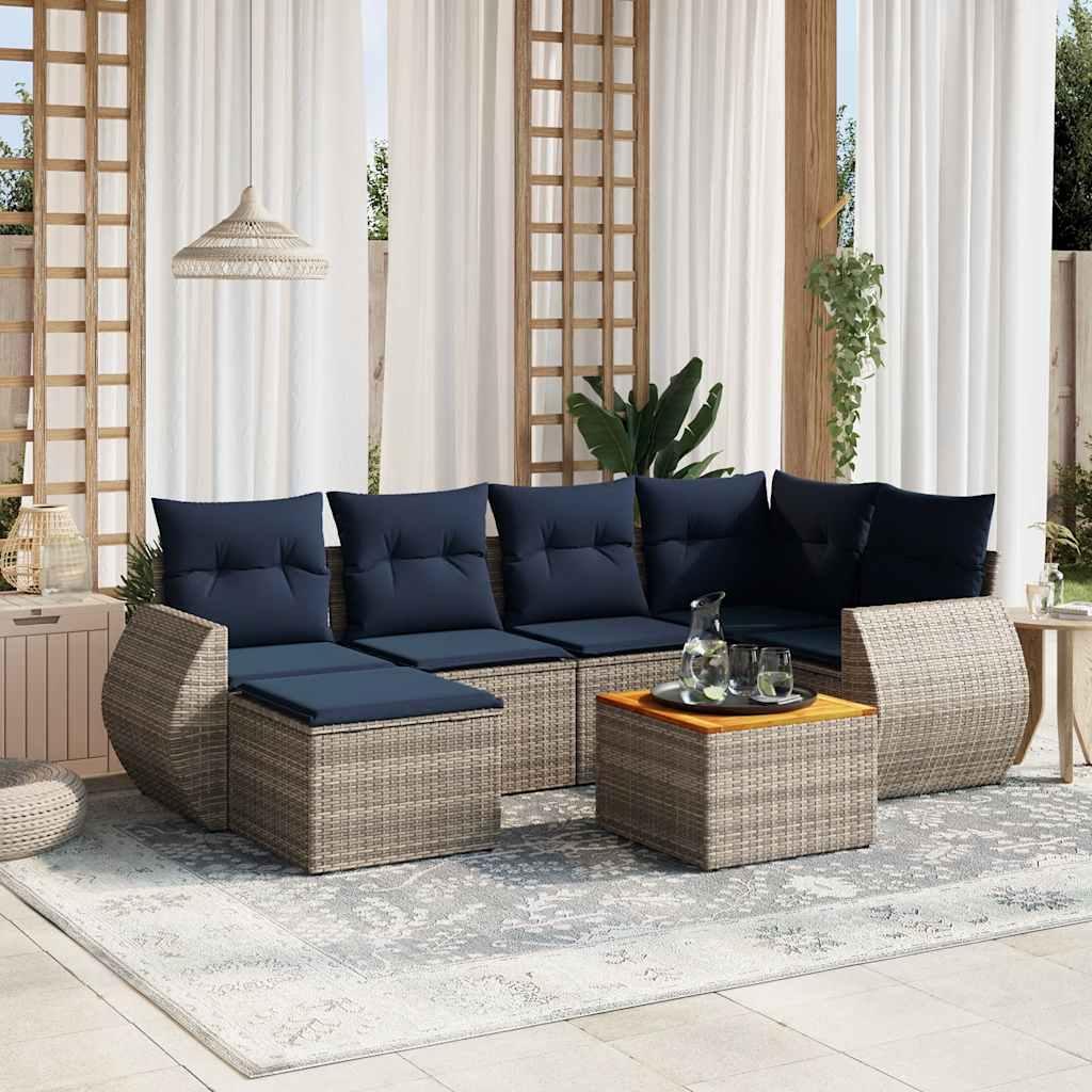 Havesofasæt i grå polyrattan - 7 dele med marineblå hynder