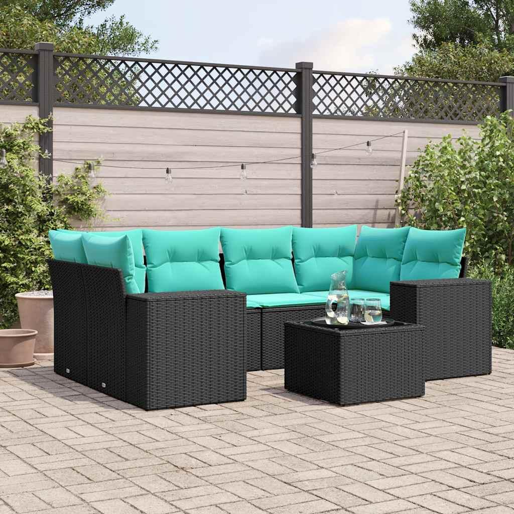 Havesofasæt i sort polyrattan med 7 blå hynder - modulært loungesæt