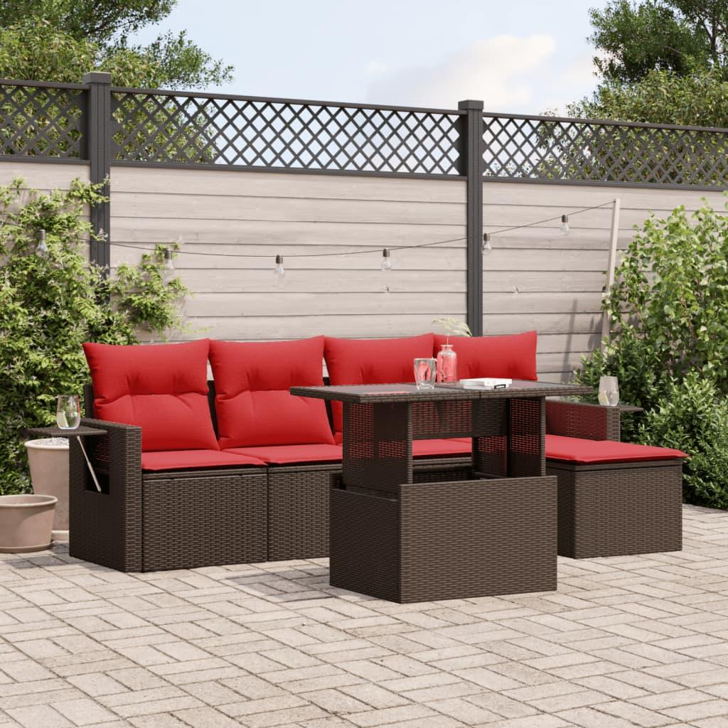 Havesofasæt med 6 hynder brun polyrattan billede