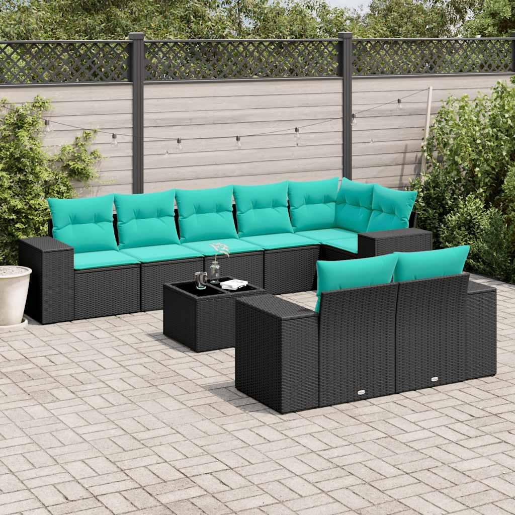 Havesofasæt med 9 dele og hynder sort polyrattan billede