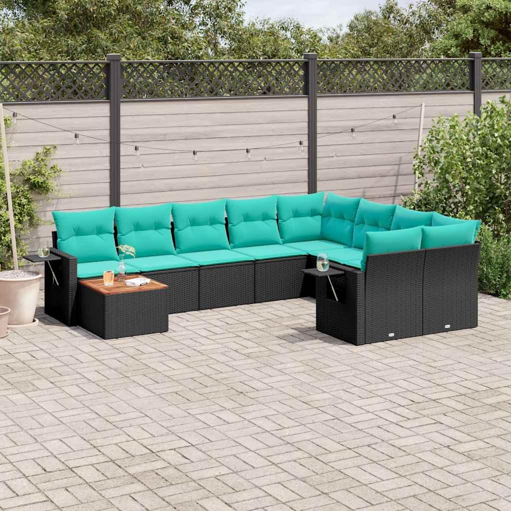 Havesofasæt i sort polyrattan med 10 blå hynder - modulært loungesæt