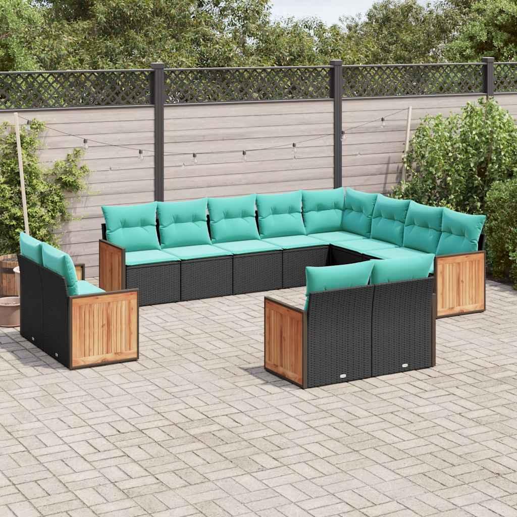 12-delt havesofasæt i sort polyrattan med blå hynder billede