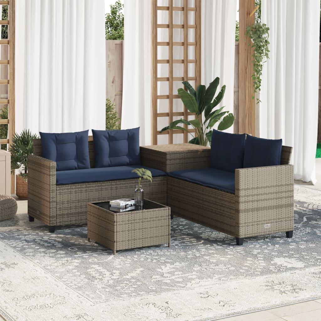 Havesofa med bord og hynder L-formet grå polyrattan billede