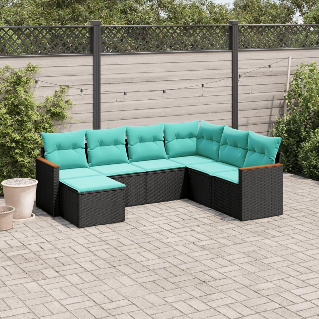 Havesofasæt med 7 hynder sort polyrattan billede