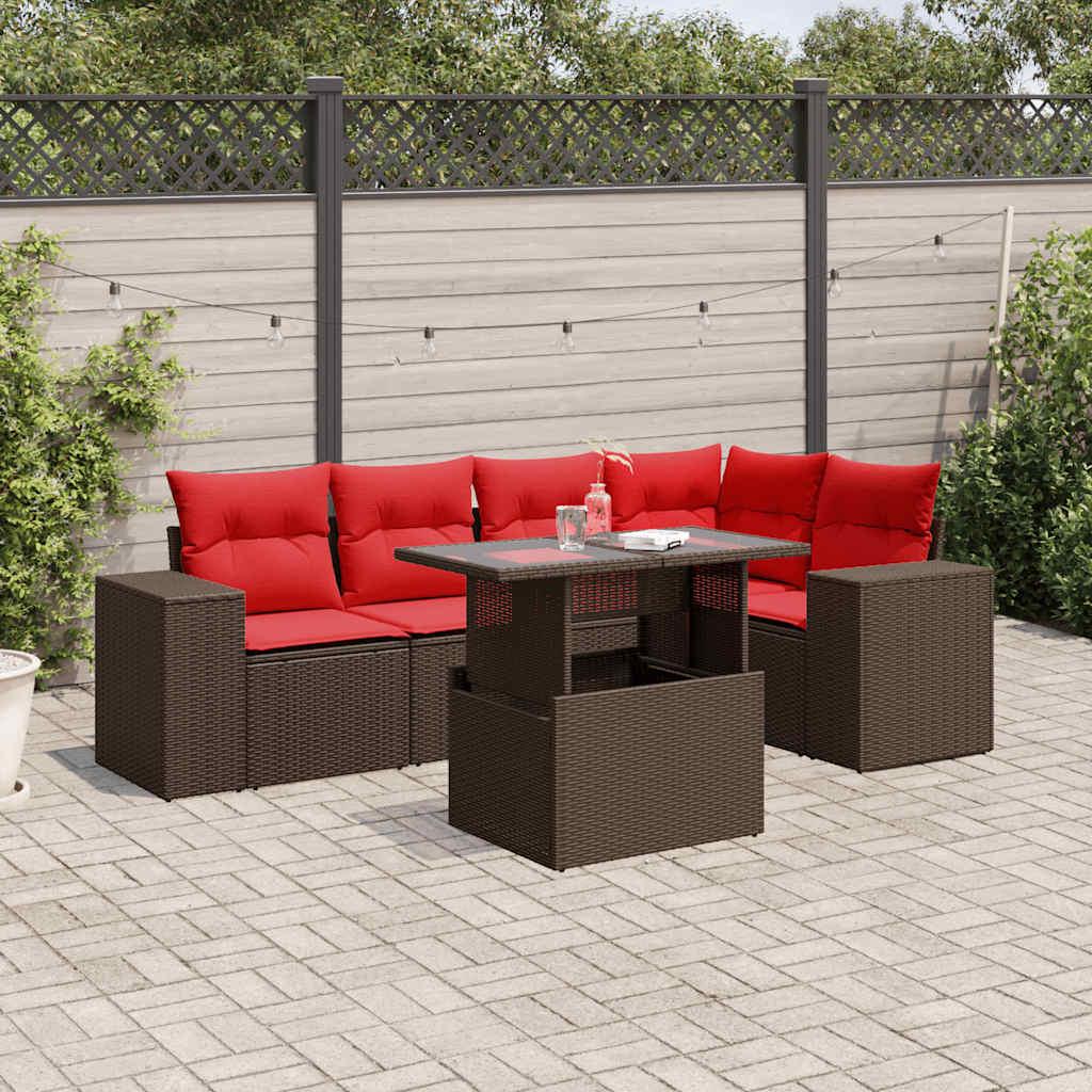 Havesofasæt med 6 hynder brun polyrattan billede