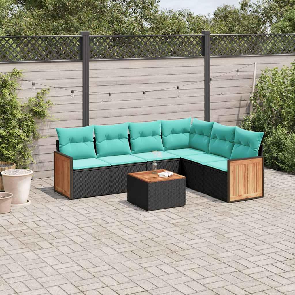 Havesofasæt med 7 hynder sort polyrattan billede