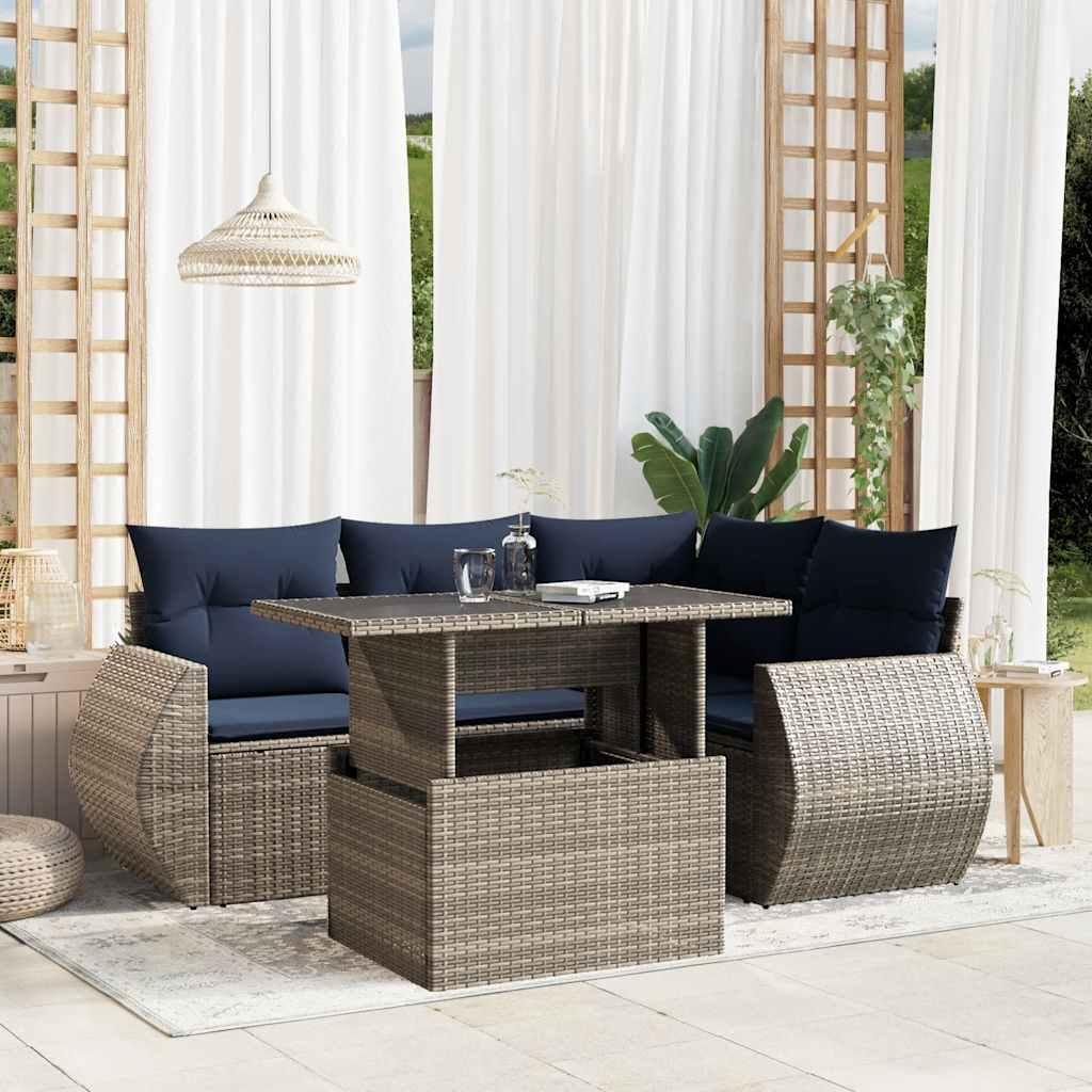 Havesofasæt med 5 dele og hynder grå polyrattan billede