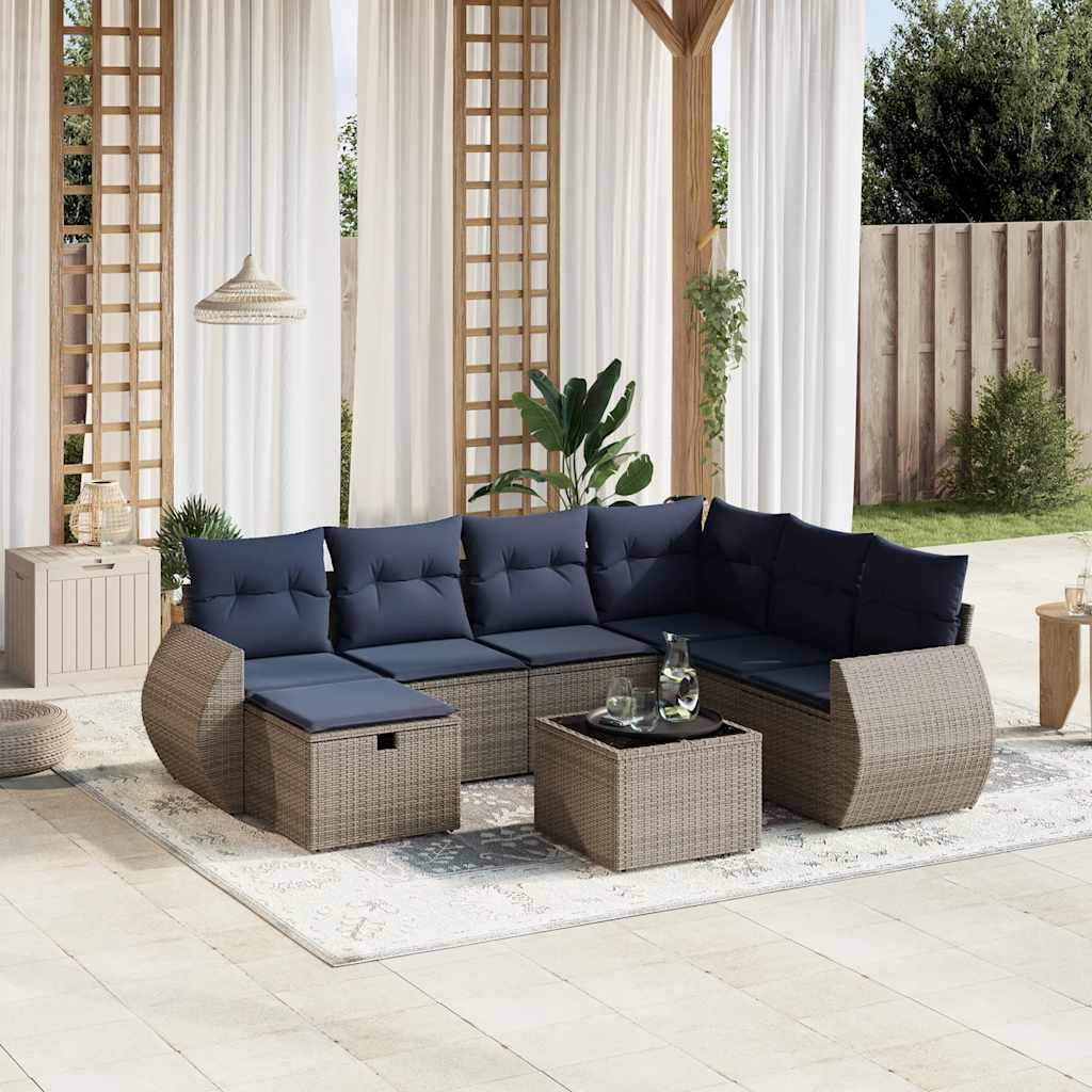 Havesofasæt i grå polyrattan med 8 marineblå hynder - modulært loungesæt