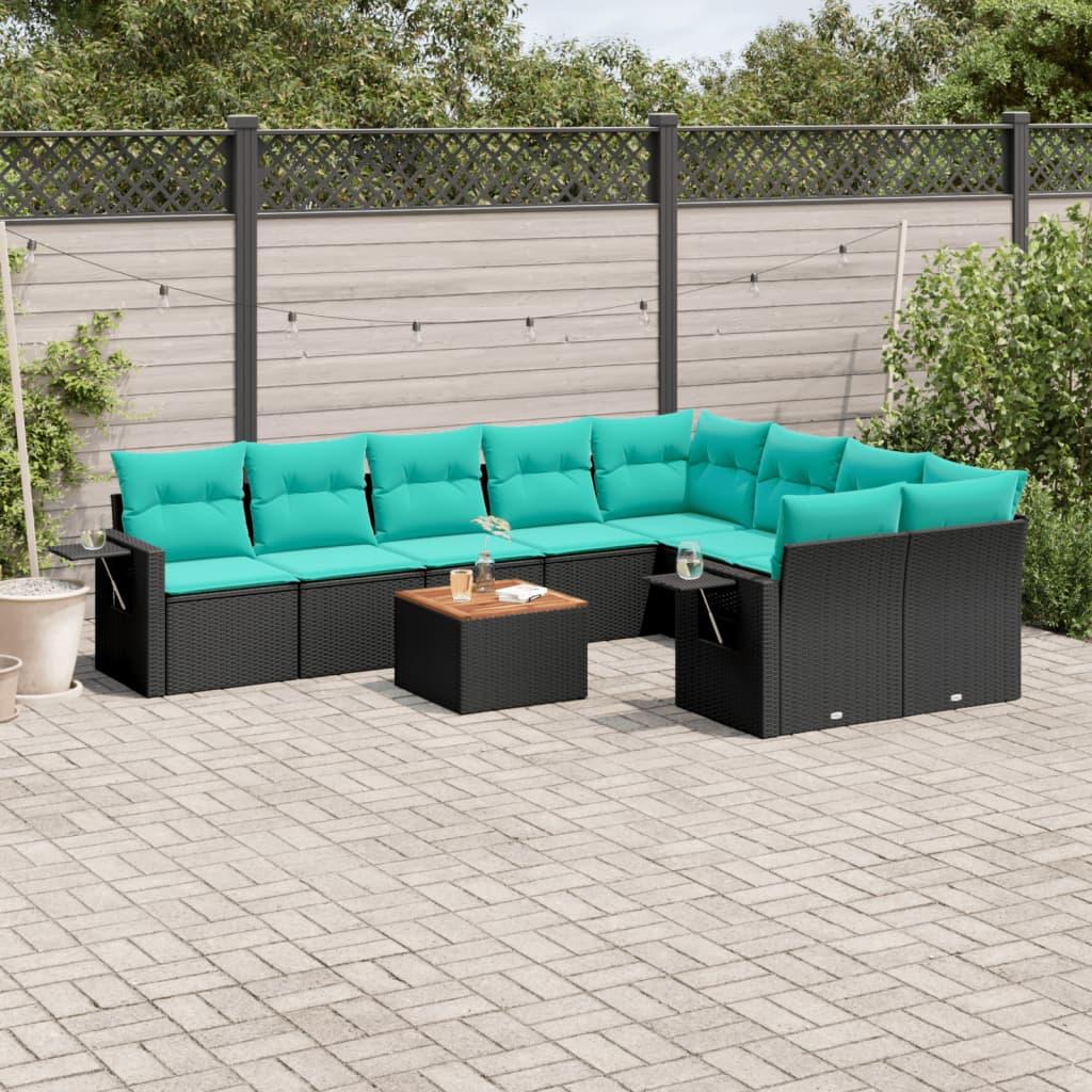Havesofasæt i sort polyrattan med 10 blå hynder - modulært loungesæt