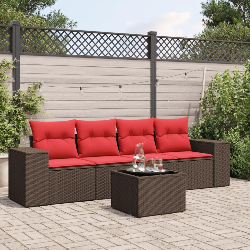 Havesofasæt i brun polyrattan med hynder - 5 dele billede