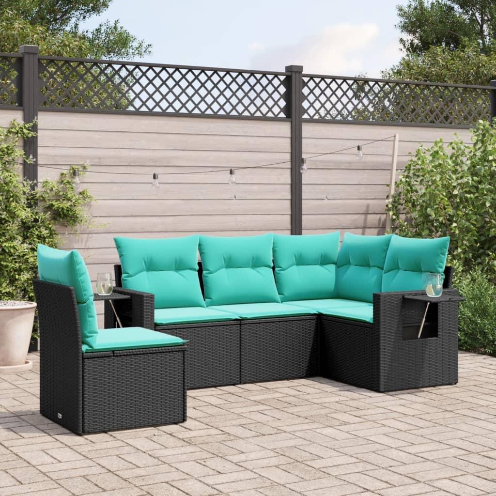 Havesofasæt med 5 dele og hynder sort polyrattan billede