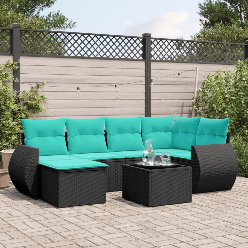 Havesofasæt i sort polyrattan med 7 blå hynder - modulært loungesæt