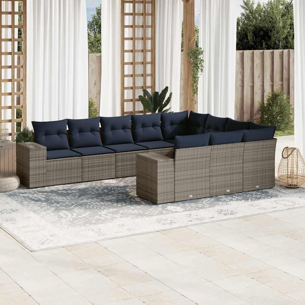 Havesofasæt i grå polyrattan - 10 dele med marineblå hynder