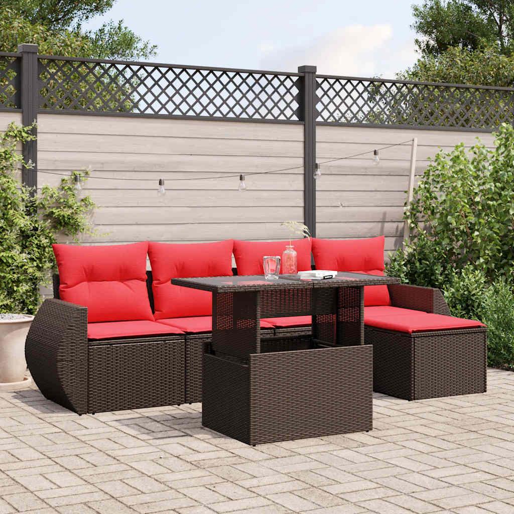 Havesofasæt med 6 hynder brun polyrattan billede