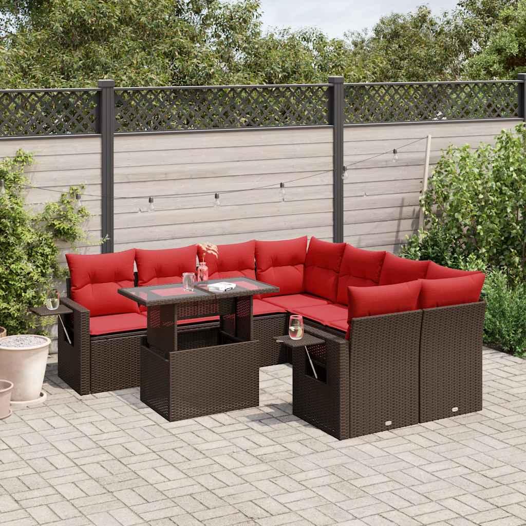 Havesofasæt med 9 dele og hynder brun polyrattan billede