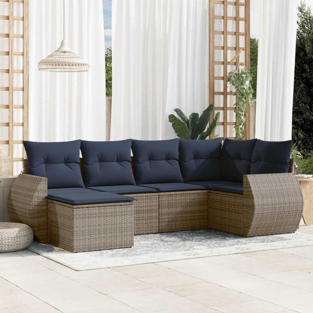 Havesofasæt i grå polyrattan - 6 dele med marineblå hynder