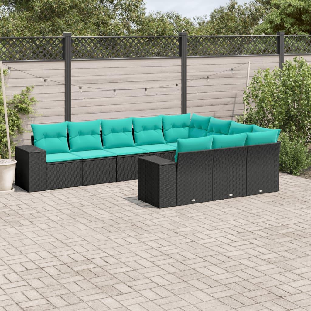 Havesofasæt i sort polyrattan med 10 blå hynder - modulært loungesæt