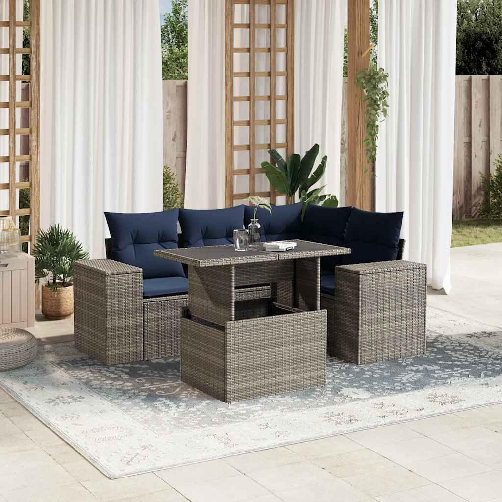 Havesofasæt med 5 dele og hynder grå polyrattan billede