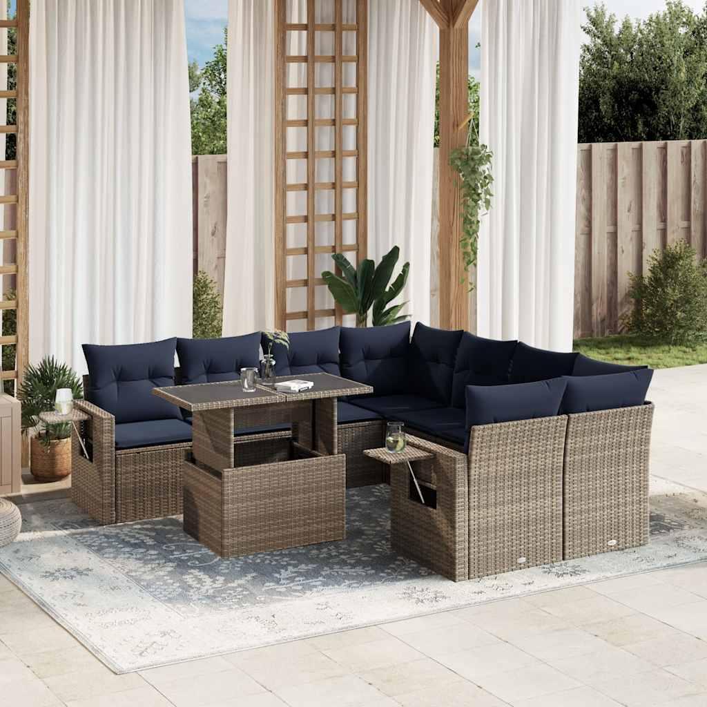 Havesofasæt med 9 dele og hynder grå polyrattan billede