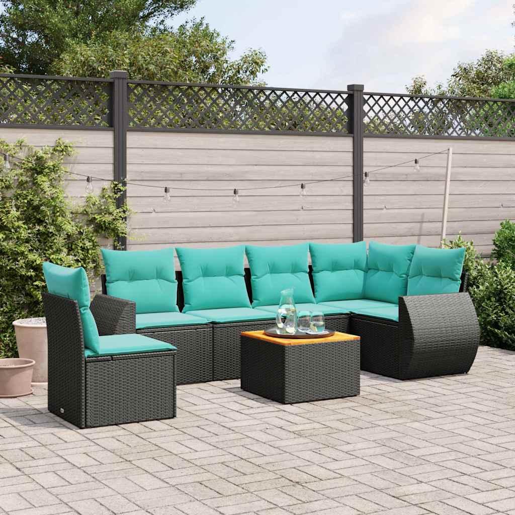 Havesofasæt med 7 hynder sort polyrattan billede