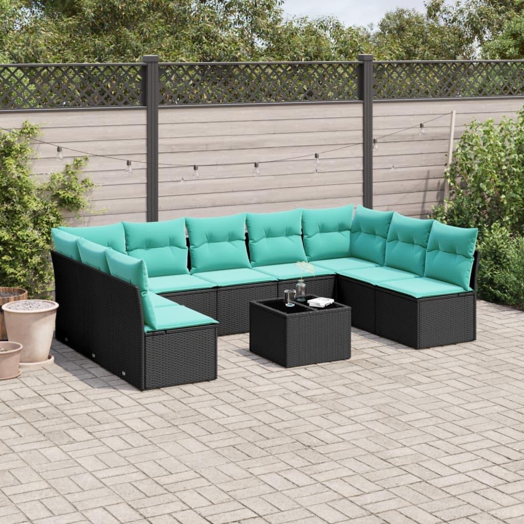 Havesofasæt med 10 hynder sort polyrattan billede