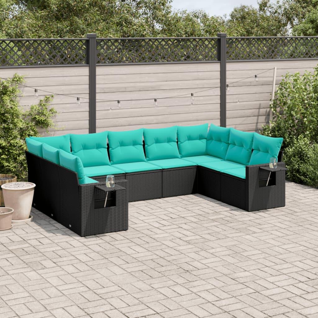 Havesofasæt i sort polyrattan med 9 dele og blå hynder billede