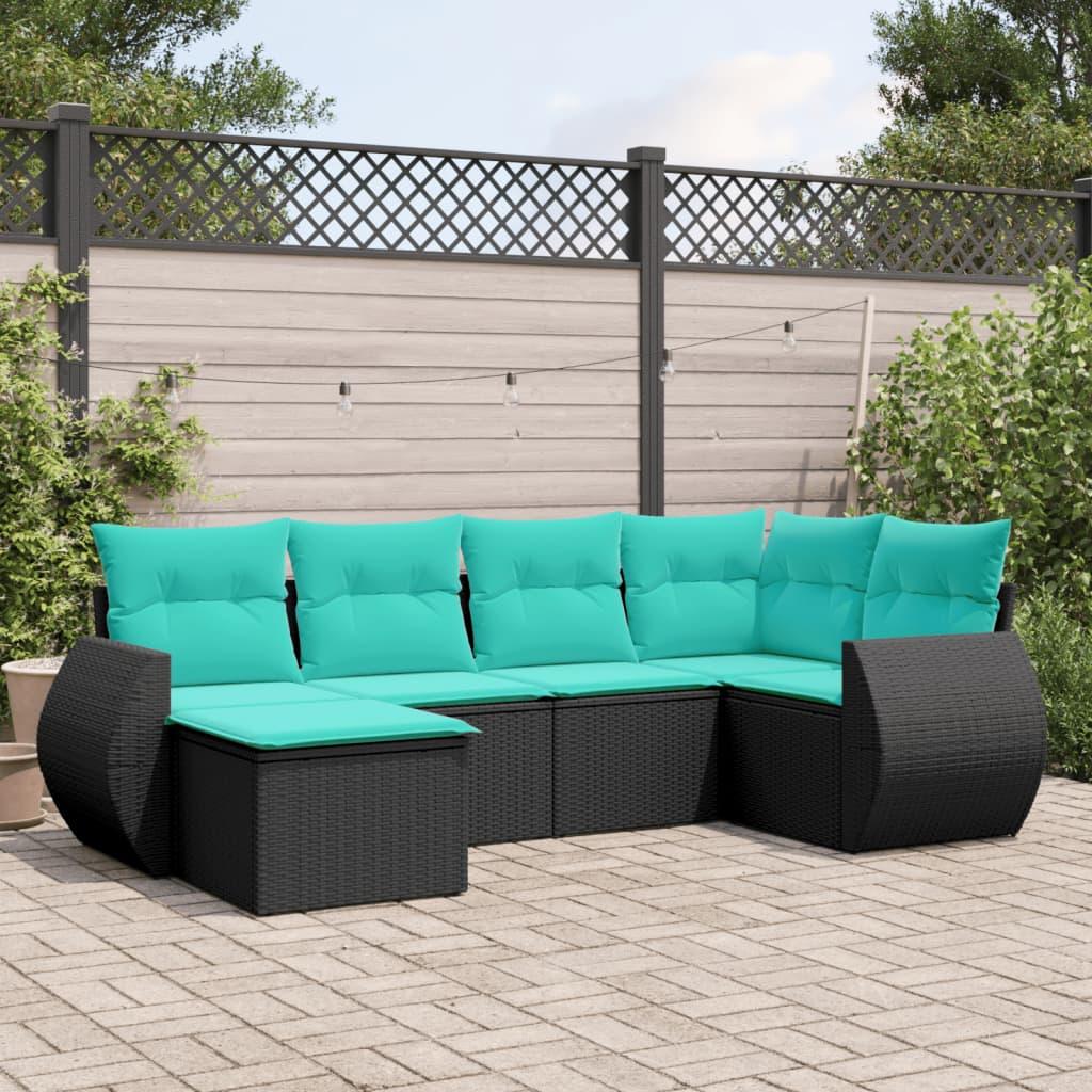 Havesofasæt i sort polyrattan med 6 blå hynder - modulært loungesæt billede