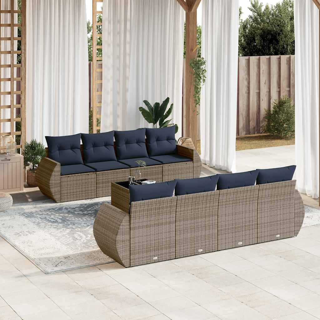 Havesofasæt i grå polyrattan - 9 dele med marineblå hynder