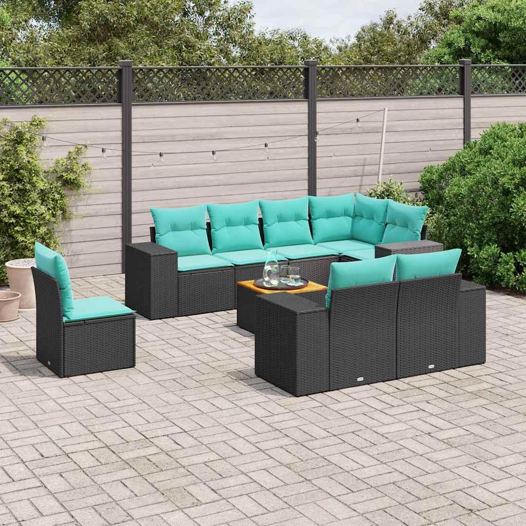 Havesofasæt med 9 dele og hynder sort polyrattan billede