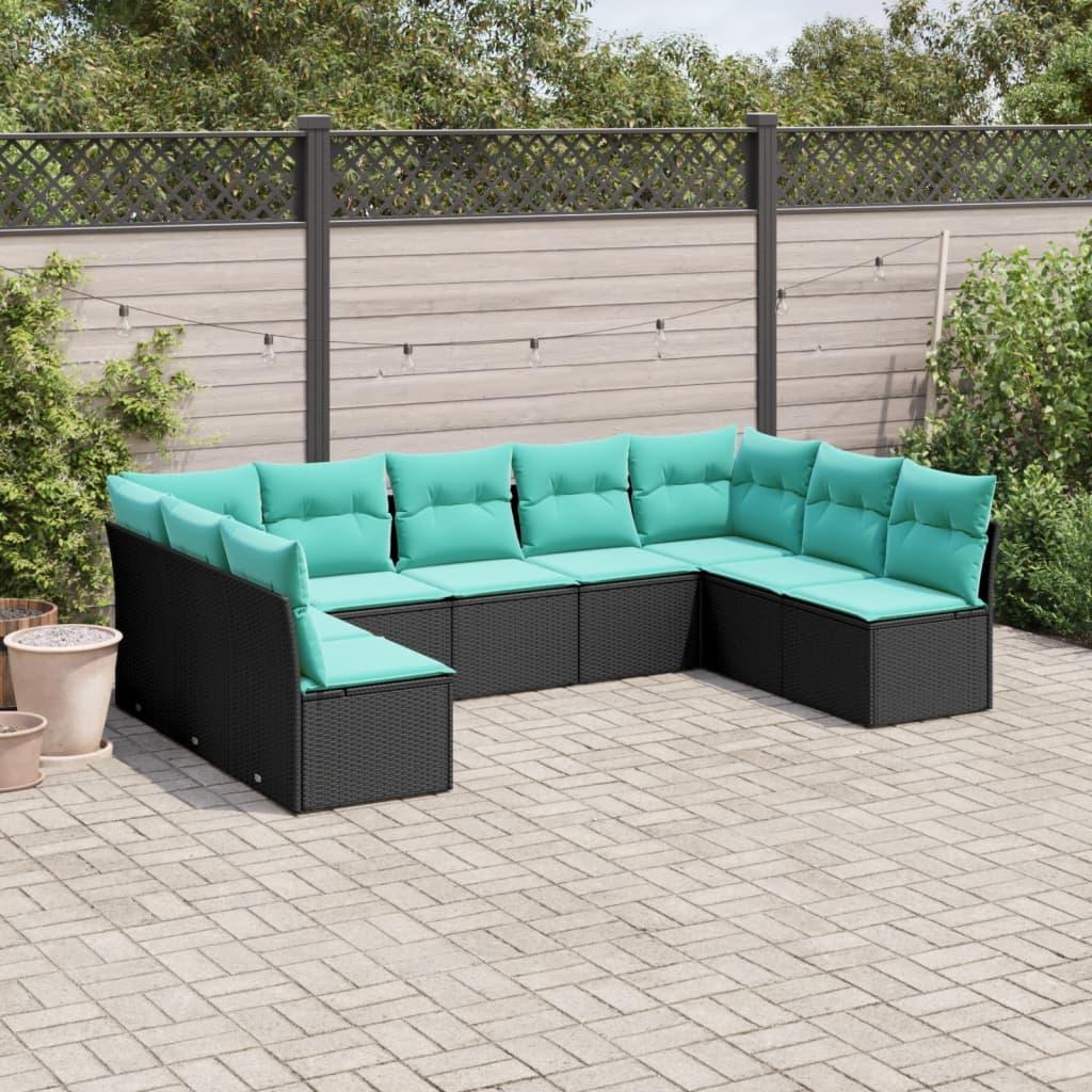Havesofasæt i sort polyrattan med 9 dele og blå hynder billede