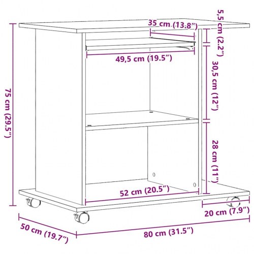 Computerbord på hjul - sort egetræ, 80×50×75 cm, konstrueret træ