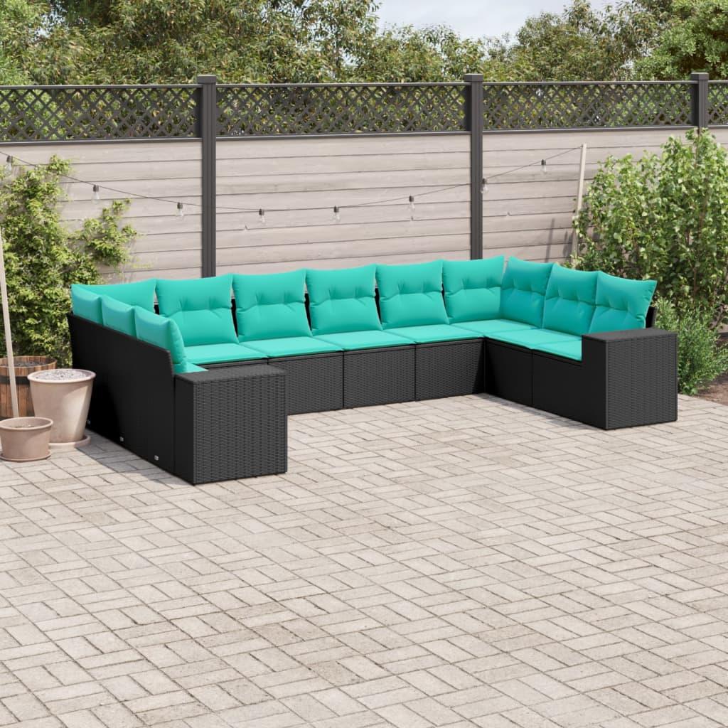 Havesofasæt i sort polyrattan med 10 blå hynder - modulært loungesæt