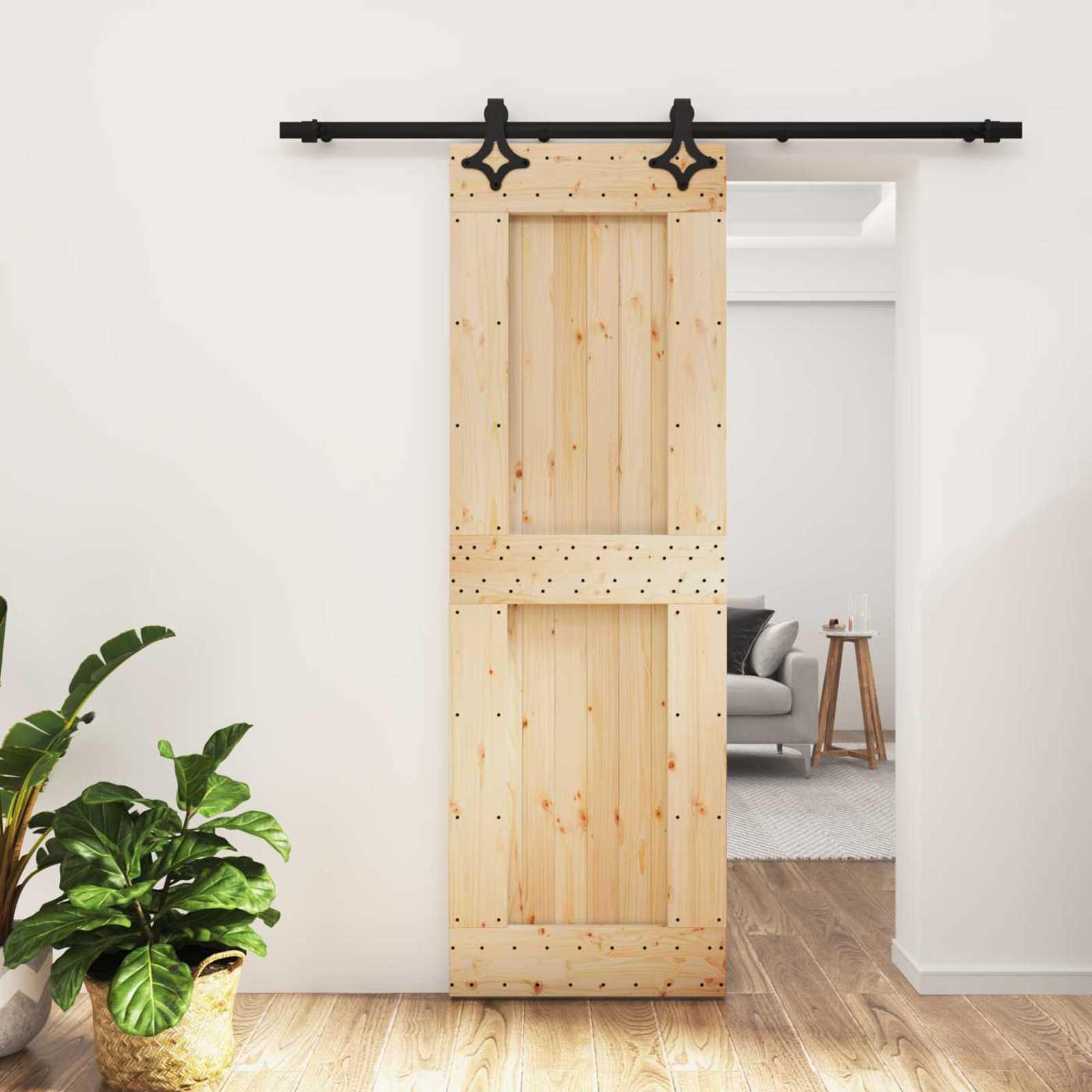 Skydedør i massivt fyrretræ 70 × 210 cm - natur/sort billede