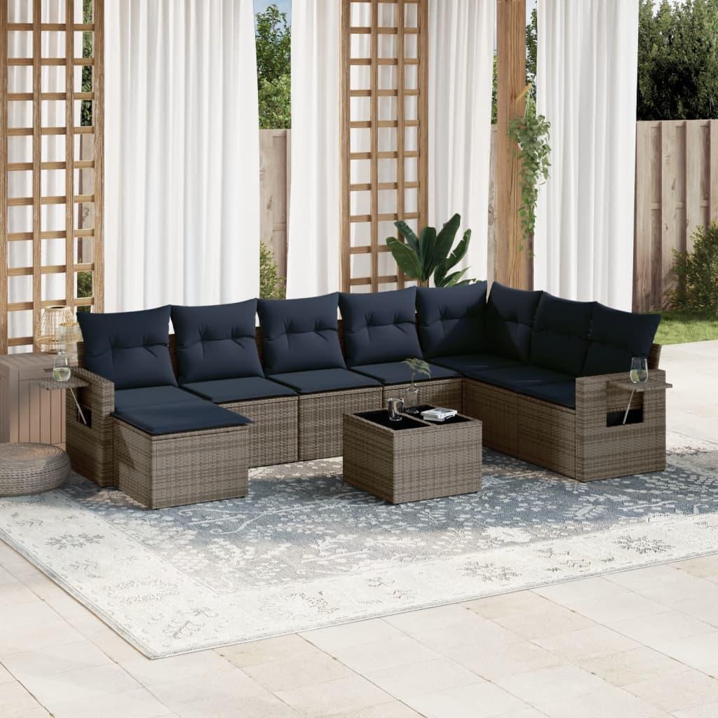 Havesofasæt i grå polyrattan - 9 dele med marineblå hynder