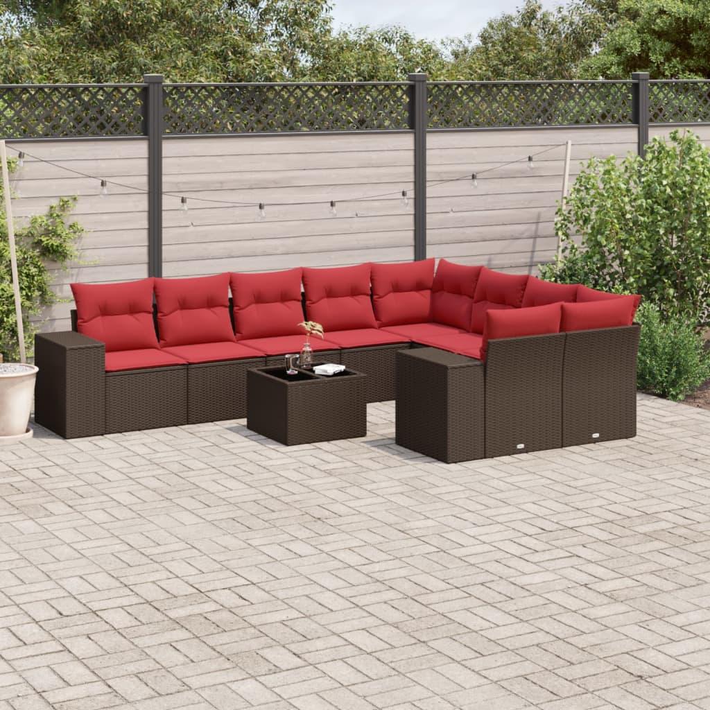 Havesofasæt med 10 hynder brun polyrattan billede
