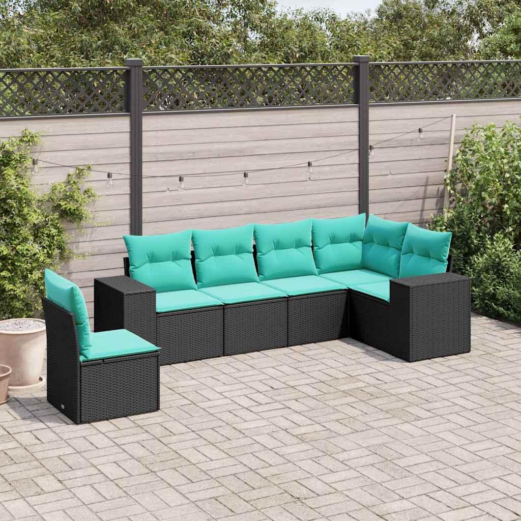 Havesofasæt i sort polyrattan med 6 blå hynder - modulært loungesæt