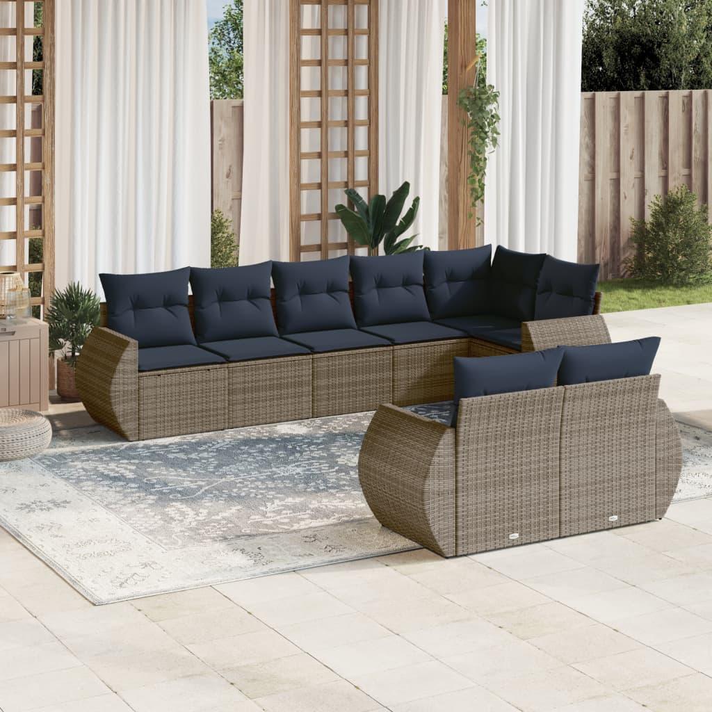 Havesofasæt i grå polyrattan med 8 marineblå hynder - modulært loungesæt