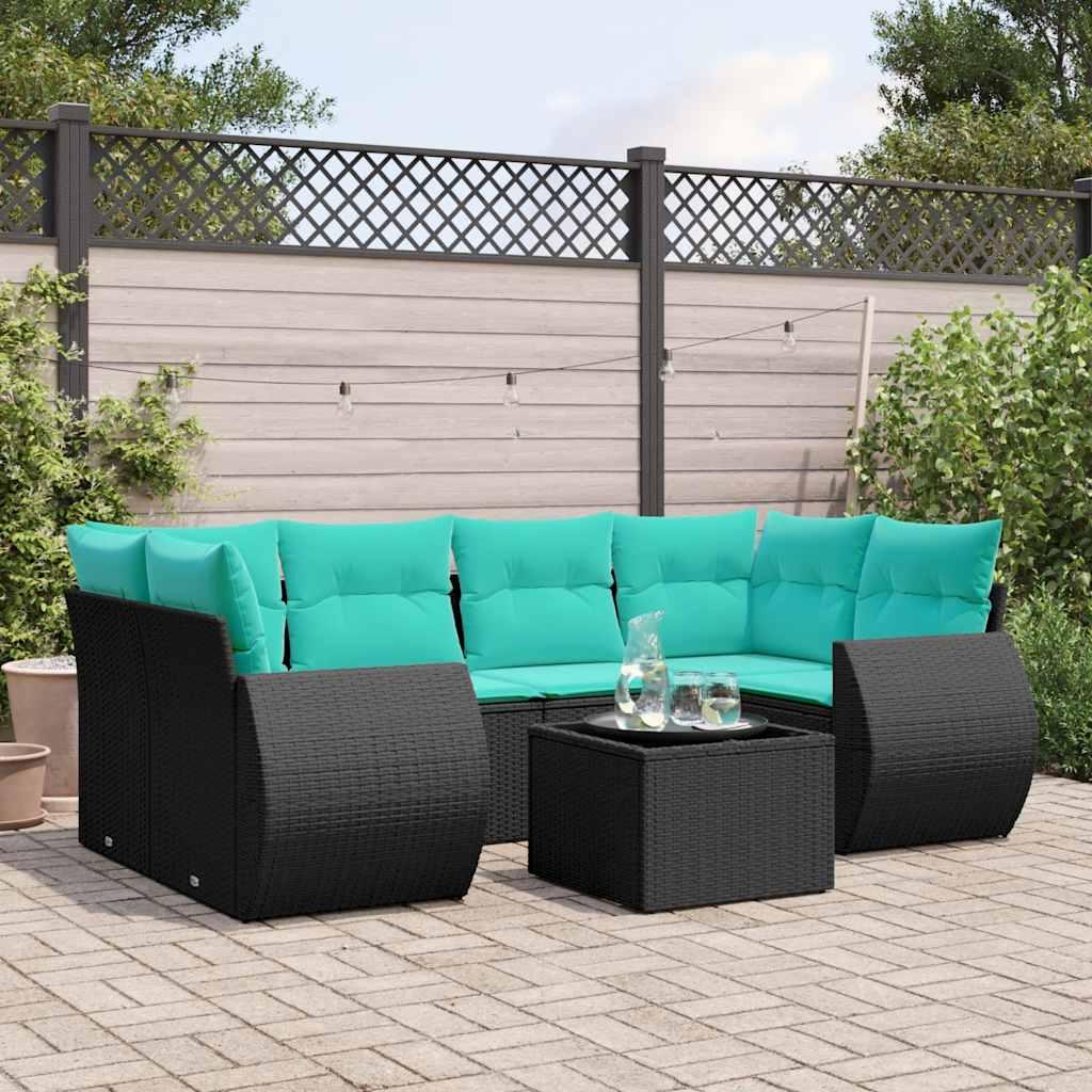 Havesofasæt med 7 hynder sort polyrattan billede