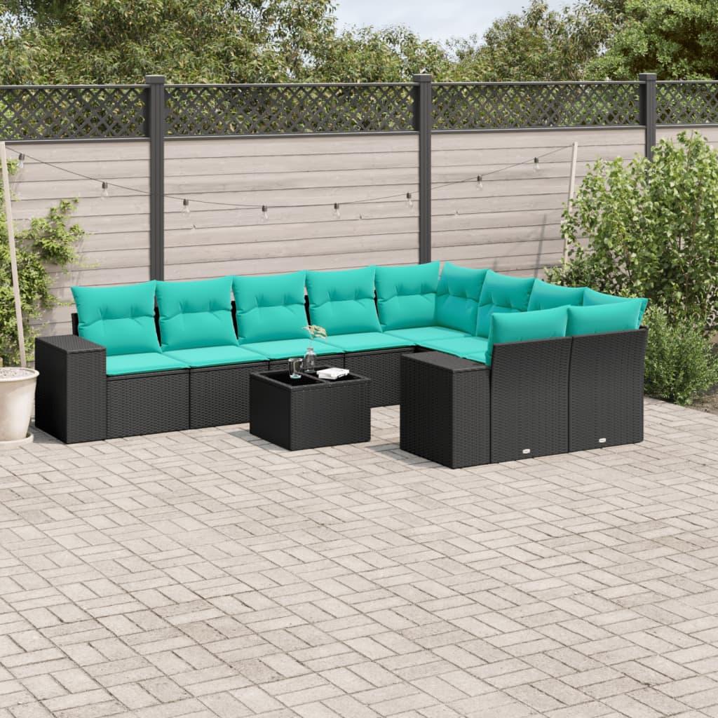 Havesofasæt i sort polyrattan med 10 blå hynder - modulært loungesæt