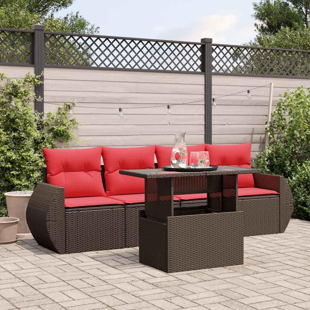 Havesofasæt med 5 dele og hynder brun polyrattan billede