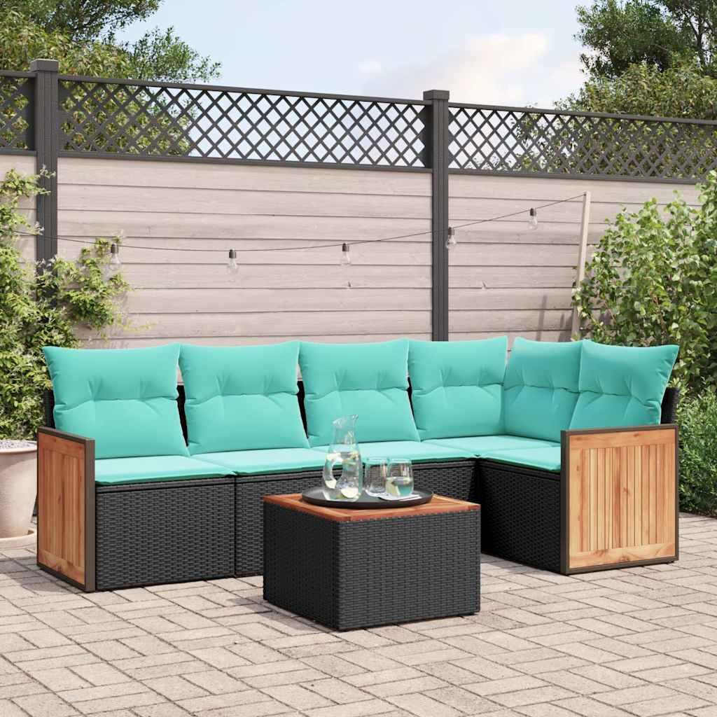 Havesofasæt med 6 hynder sort polyrattan billede