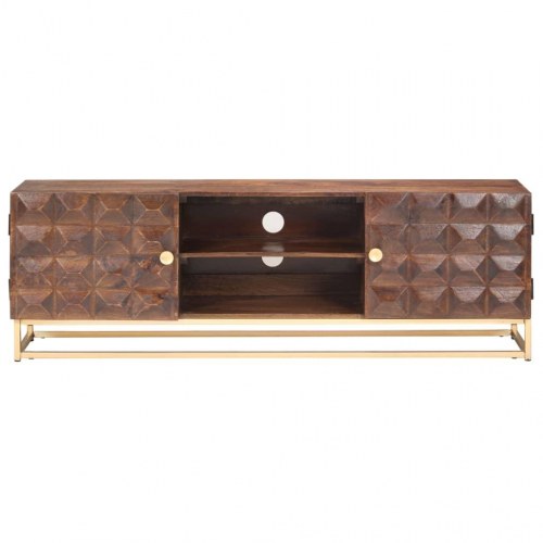 TV-skab i massivt mangotræ 124×29×45 cm - brun, lavt TV-bord med 2 døre