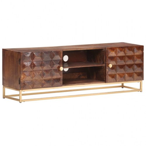 TV-skab i massivt mangotræ 124×29×45 cm - brun, lavt TV-bord med 2 døre