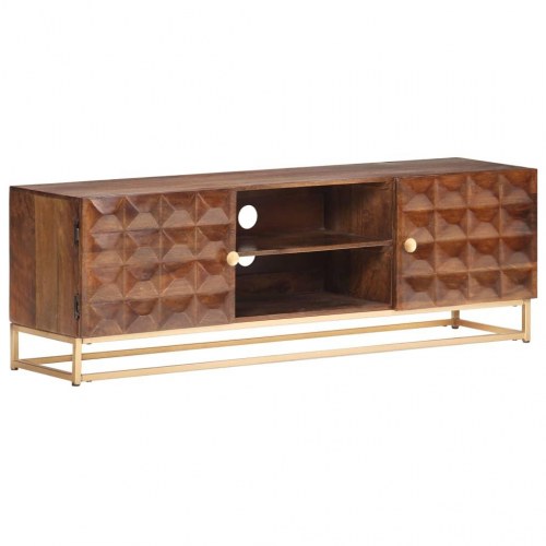 TV-skab i massivt mangotræ 124×29×45 cm - brun, lavt TV-bord med 2 døre