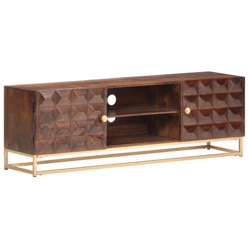 TV-skab i massivt mangotræ 124×29×45 cm - brun, lavt TV-bord med 2 døre